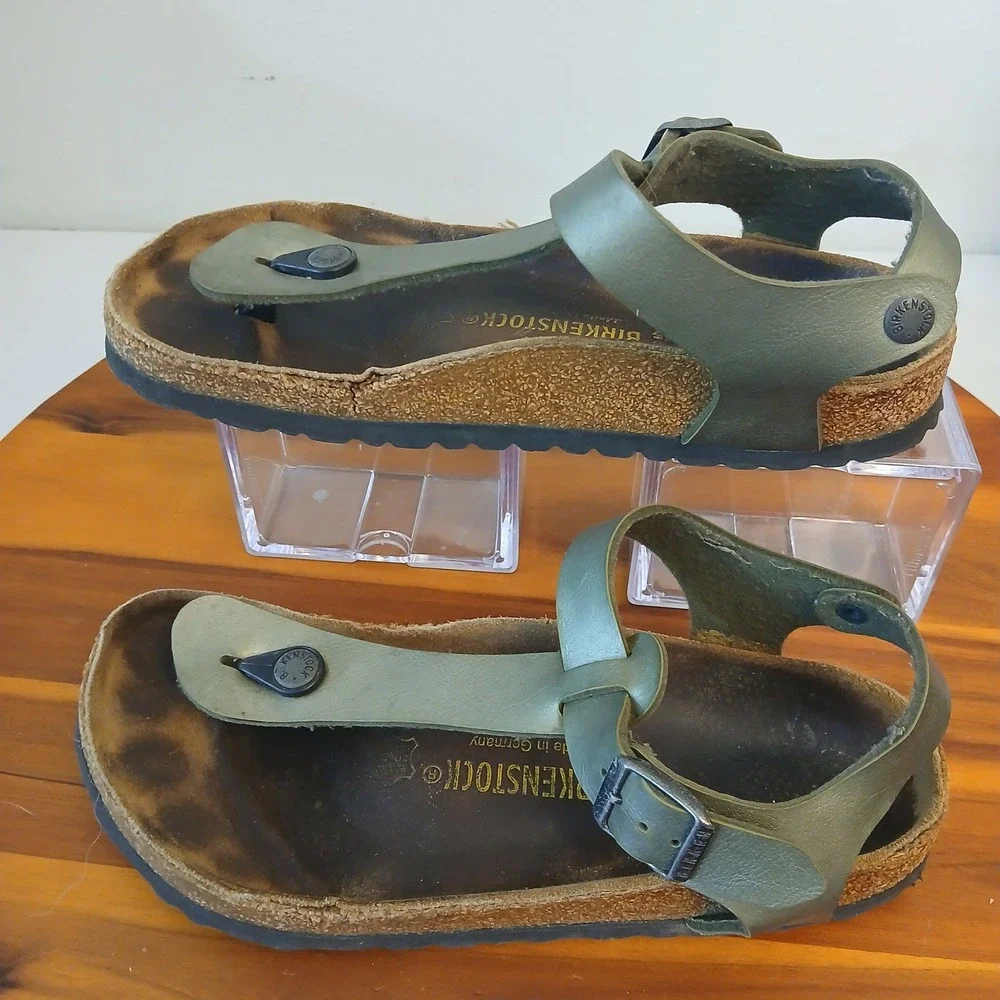Birkenstock Kairo Sandals Womens 38 Green Leather Ankle Strap Thong Cork